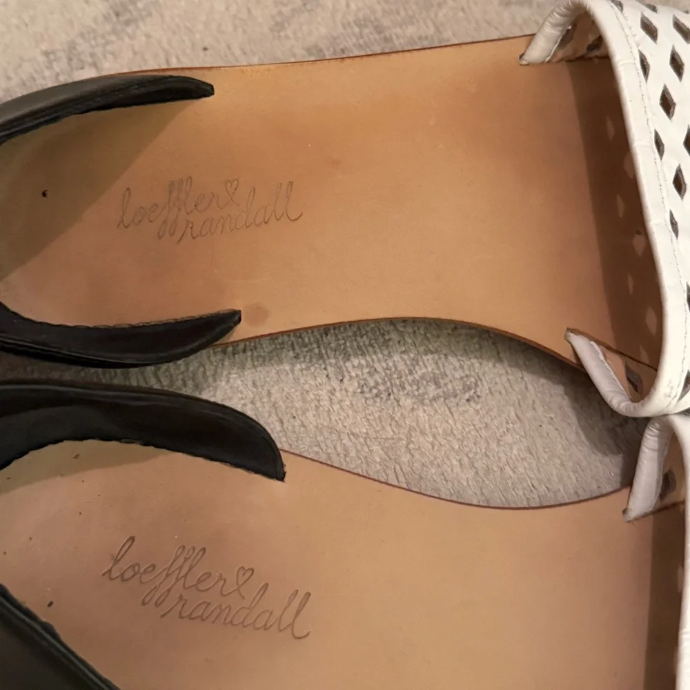 Loeffler Randall White and Black Woven Leather Flat Sandals